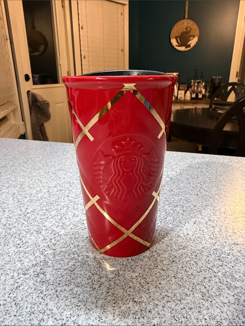 Starbucks 2016 Holiday Collection Red Ceramic Travel Mug with Gold Lattice